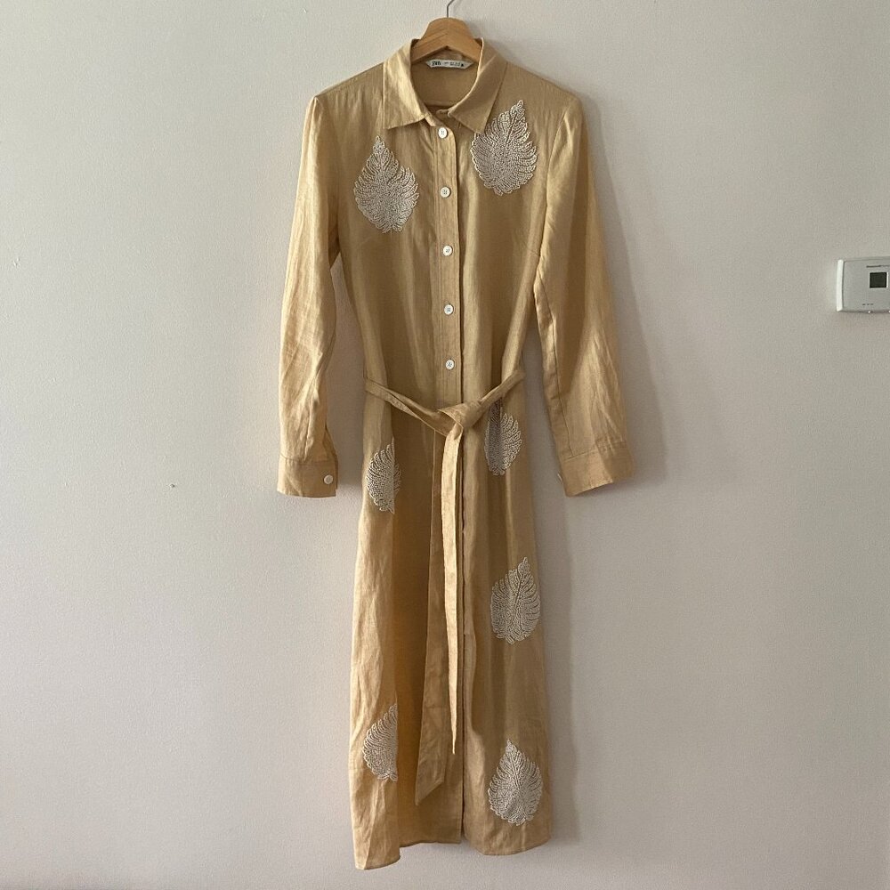 Zara Embroidered Linen Dress w/ Belt Size M